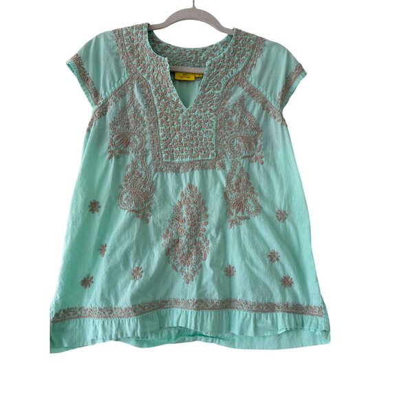 Roller Rabbit Embroidered Tunic Top V-Neck Short Sleeve Aqua Tan M - Picture 2 of 13